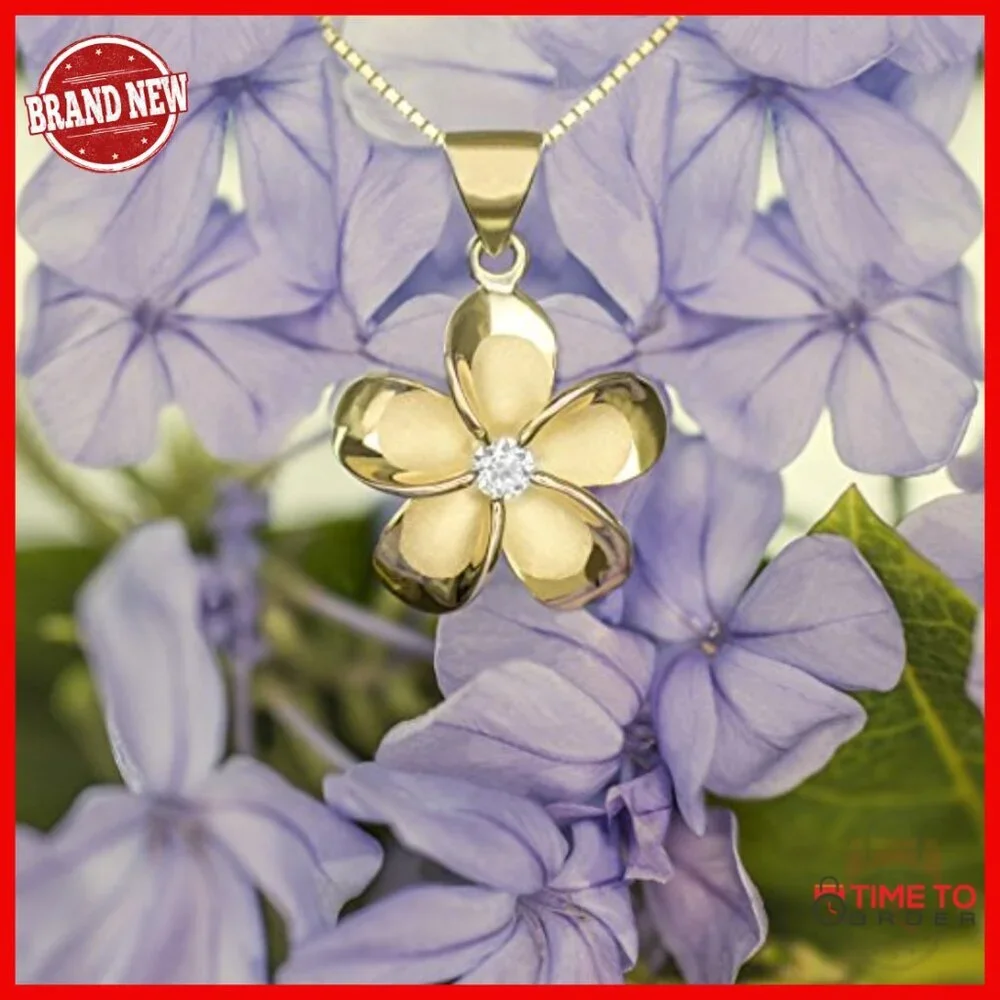 Sterling Silver Plumeria Flower Pendant Necklace with CZ Stone 18mm